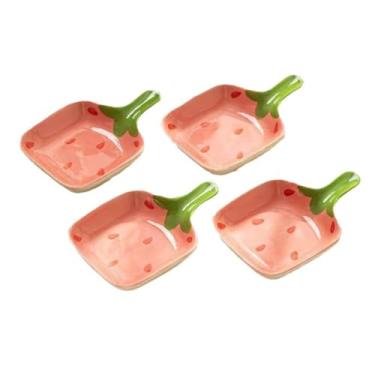 Imagem de esowemsn 4 peças de molho de cerâmica com padrão de frutas rosa, prato de servir aperitivo com alça, tigela de molho de sushi fofa para cozinha doméstica, restaurante, óleo, vinagre, ketchup, sal