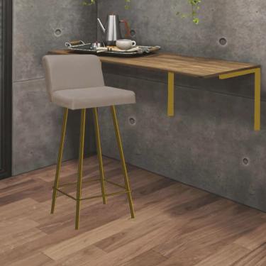 Imagem de Kit Mesa Suspensa de Parede Fixa mdf Rústico + 1 Banqueta Lexi Ferro Dourado Corino Beg...