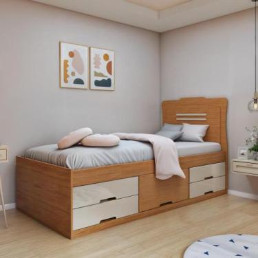 Imagem de Cama Solteiro 5 Gavetas Júlia Cinamomo/Off White - Conquista Móveis