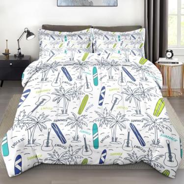 Imagem de Pamnest Conjunto de edredom solteiro, 2 peças, de guitarra de folha de palmeira, macio, para crianças e adultos, conjunto de edredom de surf e tubarão com fronha para decoração de quarto e cama