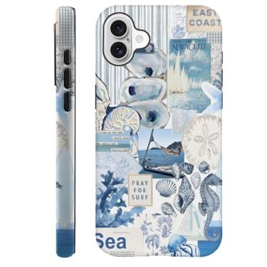 Imagem de TnXee Capa compatível com iPhone 16, capa rígida híbrida de 2 camadas de prevenção de queda para meninas e meninos, colagem retrô azul oceano concha