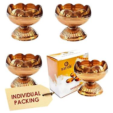 Imagem de Craftsman Conjunto de 4 peças de bronze virgem puro Diwali Puja Jyoti Diya Lâmpada de óleo de Pooja indiana Dia Deepawali Diya/Lâmpada de óleo/Suporte de vela de chá/Decoração de Diwali. Itens de presente indianos