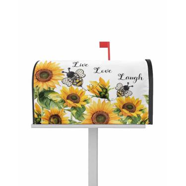 Imagem de Capas de caixa de correio de verão girassóis abelhas magnéticas grandes 53 cm x 64,8 cm folhas verdes florais rústicas substituíveis capa de caixa de correio receptiva decoração externa para quintal