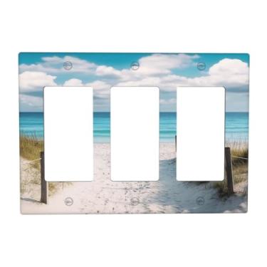 Imagem de OILbiexn Capa de interruptor de luz praia azul mar paisagem marítima litorânea 3 gangues placa de parede placa de interruptor de luz tripla Rocker GFCI capas de tomada decorativa para banheiro quarto