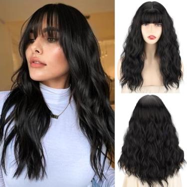 Imagem de Xinran Peruca Preta Com Franja, 18" De Comprimento Médio, Ondulada, Sintética, Natural, Resistente Ao Calor, Longa, Para Uso Diário Em Festas Halloween