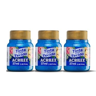 Imagem de Kit Com 3 Tintas para Tecido com Glitter Acrilex 37ml – Brilho Intenso, Alta Cobertura e Fixação a Frio para Suas Criações acabamento cintilante, alta cobertura e durabilidade superior, sendo ideais para customização de roupas, acessórios, peças decorativas e projetos artísticos em geral. (Azul 204)
