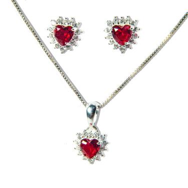 Imagem de Conjunto Colar e Brinco Coração Rubi Zircônia Prata 925