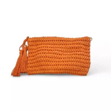 Imagem de Bolsa Artesanal de Palha com Alça Transversal, 24 x 17 x 2 cm, Laranja, para Praia e Casual