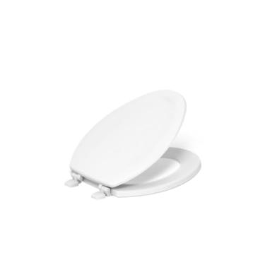 Imagem de KOHLER 4647-0 Assento de vaso sanitário alongado de madeira de pedra, assento de madeira alongado para banheiros padrão, vem com dobradiças de plástico coloridas, essenciais para casa, branco