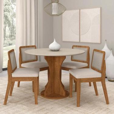 Imagem de Mesa Redonda Andria 4 Cadeiras Sextavadas Freijó/off/bouclé Off - M.a 