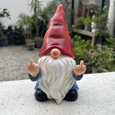 Imagem de Estátua de gnomo de jardim, dedo médio, resina de poliéster vermelha d