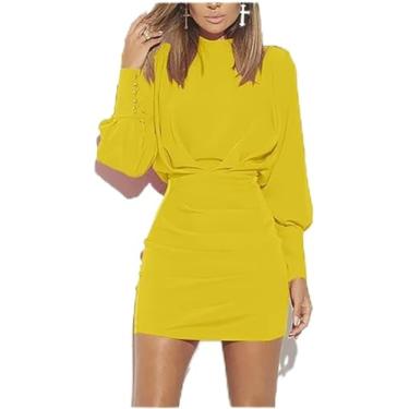 Imagem de Sexy Backless Bodycon Vestido Senhora Do Escritório De Manga Comprida Std Pescoço Mini Vestido Plissado Plus Size Vestido De Chiffon Confortável, Yellow, M