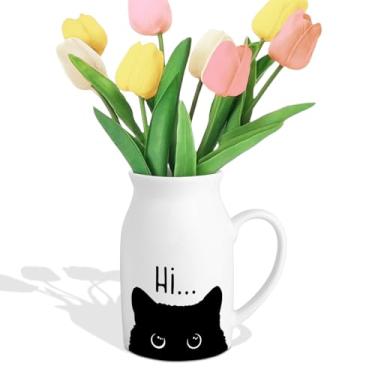 Imagem de Presentes temáticos de gato fofo, pequeno vaso de flores de cerâmica, caneca de café engraçada para dono de gatos, amigas, casa, sala de estar, casa de fazenda, escritório, mesa, prateleira, decoração