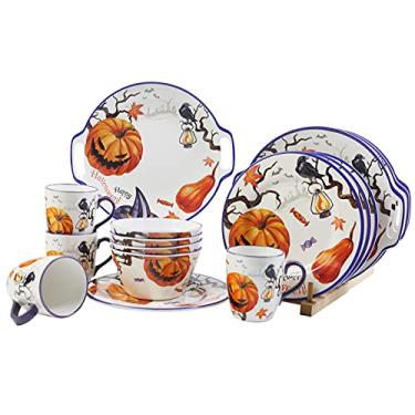 Imagem de Zog Conjunto de louça de melamina para 4-16 peças - Conjunto de pratos de acampamento com pratos de jantar, pratos de salada, tigelas e copos de cerâmica. Leve e inquebrável (flor 2)