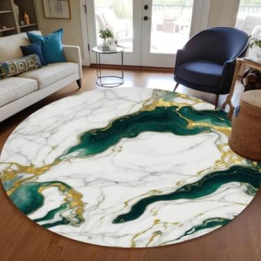 Imagem de Esmeralda verde dourado mármore abstrato moderno estética 1,8 m tapete redondo para sala de estar, quarto, sala de jantar, tapete de lã lavável, tapete art déco, sala de reuniões, escritório, tapete