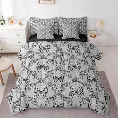 Imagem de jejeloiu Edredom solteiro de aranha preta para adultos, 7 peças, vintage, boêmio, damasco, floral, estilo barroco, temática de Halloween, cama em uma bolsa inclui edredom, conjunto de lençóis, fronhas