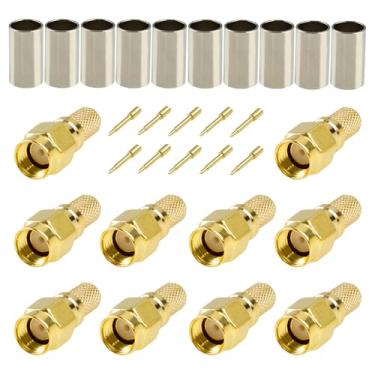 Imagem de BOOBRIE Pacote com 10 conectores SMA crimpagem SMA macho conector de crimpagem adaptador reto 50 ohm banhado a ouro para cabo coaxial LMR240 RG8X 4D-FB