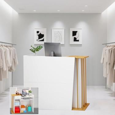 Imagem de Mesa de recepção, balcão de recepção com gavetas e prateleiras de armazenamento, balcão de varejo de 99 cm para finalização da compra com ilhós de cabo, adequado para salões, beleza, lojas de roupas