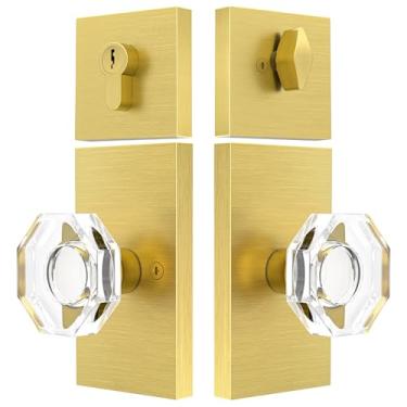Imagem de SHINY HANDLES Maçaneta de porta de vidro de cristal com fecho, maçaneta de porta de latão acetinado e conjunto de fechadura de fechadura de cilindro único, octogonal