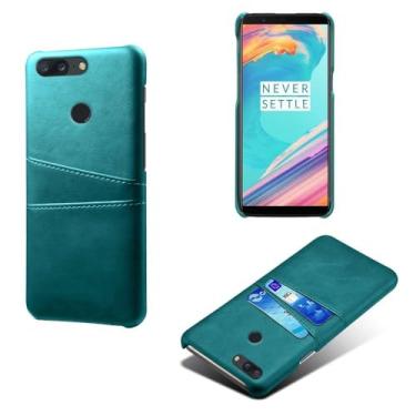Imagem de Capas Compatível com Oneplus 5T,Caso de couro PU-Tampa de telefone a prova de choque com 2 slots de cartão,Proteção anti-impressão digital e anti-gota-Green