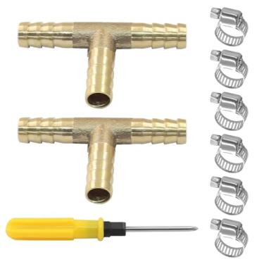 Imagem de Seimneire 2 peças de acessórios de farpa de latão de 5/40.6 cm com 6 peças de braçadeiras de tubo de aço inoxidável, emenda de farpa de mangueira de interseção de união em forma de T de 3 vias para