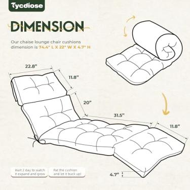 Imagem de Tycdiose Almofada para espreguiçadeira externa à prova d'água 74,4 x 22 x 4,7 polegadas de espuma de memória para móveis ao ar livre com laços, almofadas espessas para espreguiçadeira de piscina