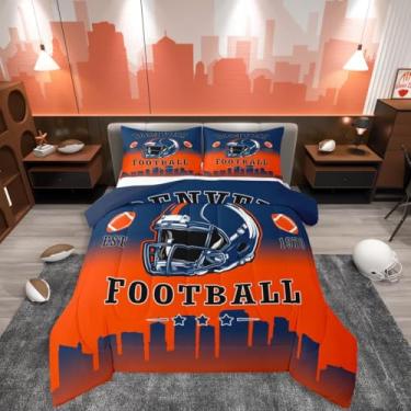 Imagem de Erosebridal Jogo de cama casal de futebol americano, esportivo, rúgbi, azul, laranja, para crianças, adolescentes, adultos, futebol, cidade, esporte, silhueta de cidade, enchimento de edredom (Denver)