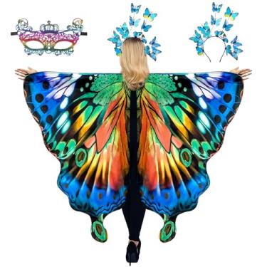 Imagem de cosmisun Fantasia feminina de asas de borboleta - Xale de asa de borboleta de fada verde azul laranja com faixa de cabeça azul, conjunto de máscaras multicoloridas, fantasia de cosplay para adultos