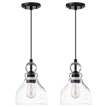 Imagem de Dolaimi House Pacote com 2 1 luminária pendente de teto cordão ajustável ilha de cozinha 16,5 cm vidro semeado acabamento preto moderno iluminação industrial casa de fazenda para pia do quarto