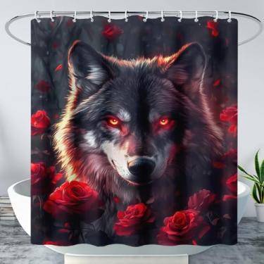 Imagem de AILONEN Conjunto de cortina de chuveiro com lobo 3D, óleo 3D, vermelho, rosa, lobo, selvagem com olhos vermelhos, cortina de banho à prova d'água com ganchos, 183 cm L x 182 A