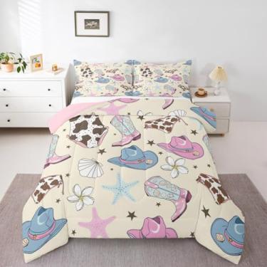 Imagem de Erosebridal Jogo de cama solteiro fofo de cowgirl costeiro, botas de vaqueira rosa, chapéus, edredom para meninas e crianças, enchimento de edredom com estrela do mar e concha azul, oceano, praia