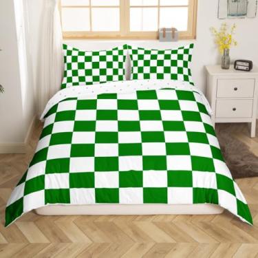 Imagem de Feelyou Jogo de cama xadrez retrô para adolescentes, mulheres, homens, verde, branco, xadrez, tamanho solteiro, crianças, meninos, meninas, geométrico, vintage, moderno, simples, decoração de quarto