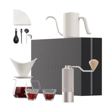 Imagem de Conjunto de cafeteira, caixa 12 em 1, moedor de café manual, gotejador de café de cerâmica com bandeja, chaleira, servidores de vidro, filtro de papel, xícara de café, branco