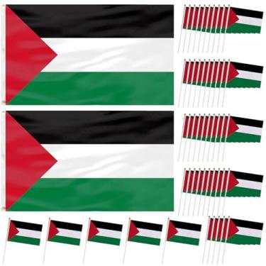 Imagem de Bandeiras da Palestina, 50 peças, mini bandeira da Palestina e 2 faixas palestinas, bandeiras palestinas de poliéster resistente ao desbotamento para eventos patrióticos, desfiles, eventos esportivos