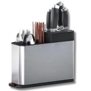 Imagem de Porta-Facas e Talheres em Aço Inoxidável Escorredor Organizador de Utensílios Compartimentos Multiuso Bandeja Removível