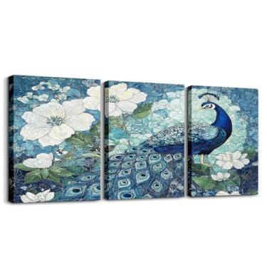 Imagem de Erosebridal Pinturas de pavão azul-petróleo para decoração de quarto de sala de estar, arte de parede em tela de pássaro elegante conjunto de 3 3 x 16, arte de parede emoldurada floral com pintura a