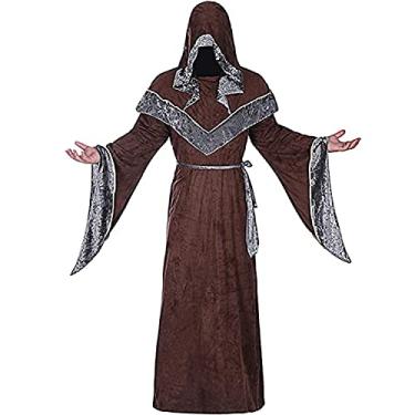 Imagem de Fantasia masculina de feiticeiro com capuz, fantasia medieval vintage de feiticeiro renascentista (GG, café)