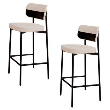 Imagem de Banqueta Alta Bar Estofada Kit 2 Ella M25 Linho Palha-preto - Mpozenato