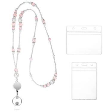 Imagem de Cordão retrátil com contas brilhantes para mulheres, cordões retráteis para crachás de identificação e contas de cristal pérola cordão com carretel de crachá e suporte de identidade para professores