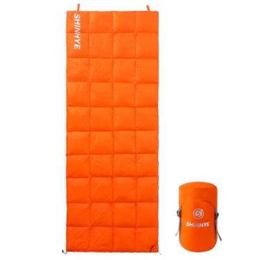 Imagem de ShinHye Saco de Dormir Ultraleve Adulto 500 g Premium Penugem de Pato - Impermeável e Compressível 3 Estações Acampamento/Mochila 4.4-15.0 °C com Saco de Compressão (Laranja)
