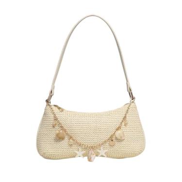 Imagem de QWINEE Bolsa feminina Seashell Pearl Beaded Woven Underarm Shoulder Bags Beach Vacation Top Handle Zipper Single Strap Handbag, Bege, One Size, Macio