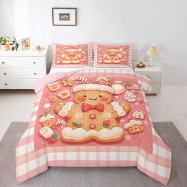 Imagem de Conjunto de edredom masculino de gengibre, tamanho casal, chapéu com laço kawaii, grade rosa, decoração de quarto de crianças, meninos e homens, edredom macio, 2 fronhas