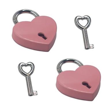 Imagem de bociloy 2 peças de cadeado rosa em forma de coração com chaves, mini cadeado de liga de zinco de 38 × 30 × 7 mm, pequenos cadeados decorativos de amor para caixa de joias, caixa de armazenamento de