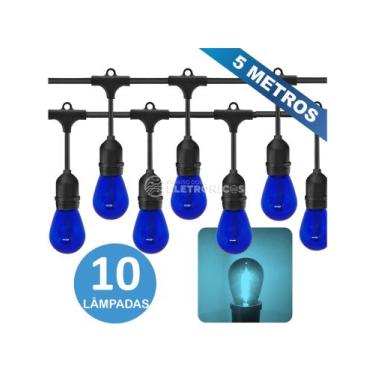 Imagem de Varal LED Azul 5m com Soquetes E27 Cabo Reforçado, Plug Macho/Fêmea e 