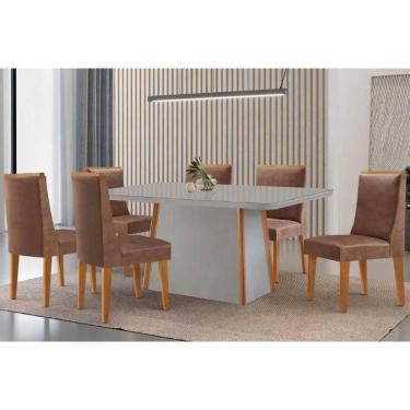 Imagem de Conjunto Sala de Jantar Tilia c/ Tampo Madeirado c/ Vidro Canto Curvo 180x90cm e 6 Cadeiras Dakota Madeira Maciça Naturale/Off White - Capuccino/Coran