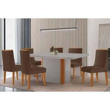 Imagem de Conjunto Sala de Jantar Pietá c/ Tampo Madeirado c/ Vidro Canto Curvo 180x90cm e 6 Cadeiras Dakota Madeira Maciça Naturale/Off White - Capuccino/Suede