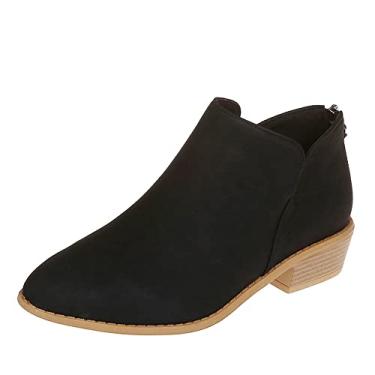 Imagem de JITUUE Botas de cano curto para mulheres, vestido casual feminino, botas de salto baixo. Sapatos modernos com design de salto grosso com corte em V, Preto, 35 BR