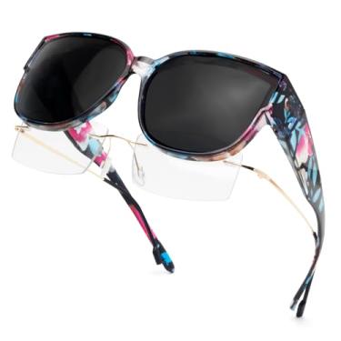 Imagem de Face Shadow Óculos de sol polarizados ajustados sobre os óculos, óculos de sol para mulheres para passar por cima dos óculos, proteção UV leve, Armação floral GG / lente cinza