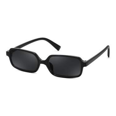 Imagem de FEISEDY Óculos de sol retangulares para mulheres e homens, óculos de sol femininos dos anos 90, armação estreita, moderno, estilo vintage B9167, Armação preta, lente preta, 50MM