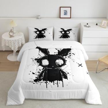 Imagem de jejeloiu Jogo de cama solteiro branco e preto, coelho, coelho, coelho, gótico, terror, respirável, estilo japonês, para decoração de quarto, 1 edredom com 1 fronha
